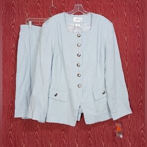 APART IMPRESSIONS 3 Piece Iight Blue Collarless Buttons Skirt Suit Women Size 18